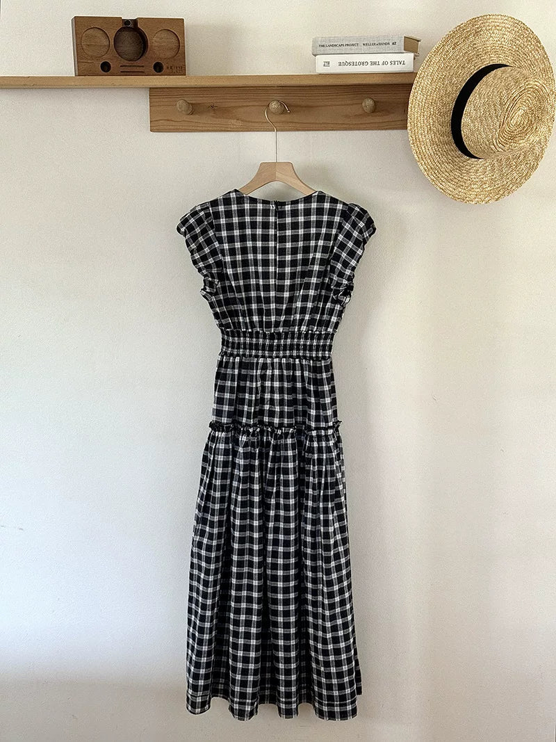 check tiered cap sleeve dress 1color 【NINE7066】