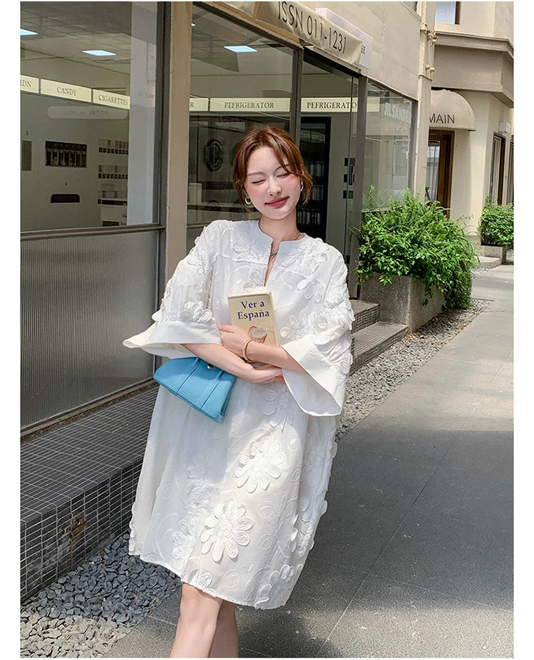 3D floral vneck loose dress 1color 【NINE7130】