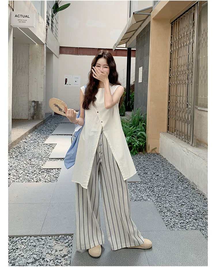 asymmetric top stripe pants setup 1color 【NINE7112】