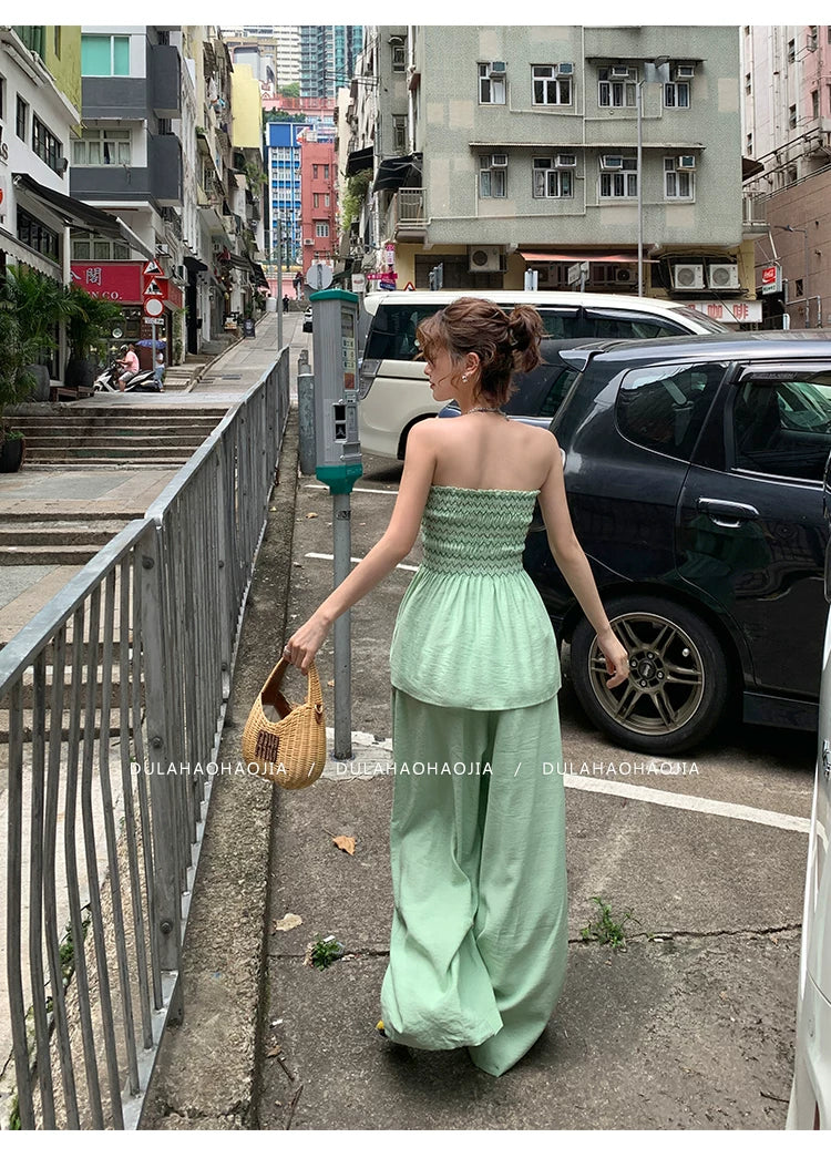 shirring bustier wide pants setup 1color 【NINE7095】
