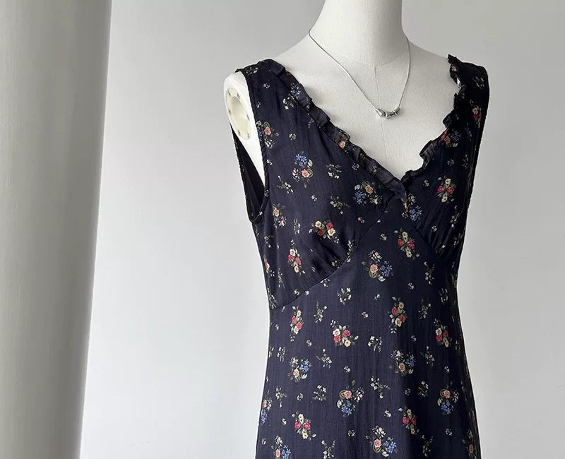 backless floral linen camisole dress 1color 【NINE7024】