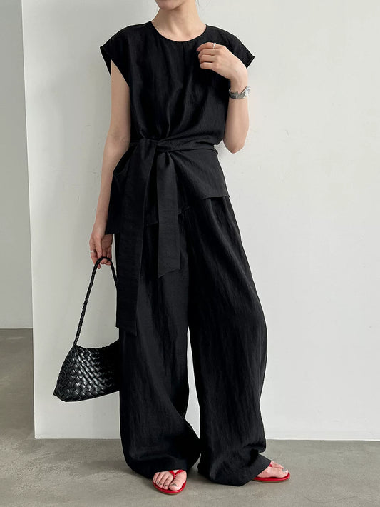 waist tie cap sleeve tops pants setup 2color 【NINE7085】