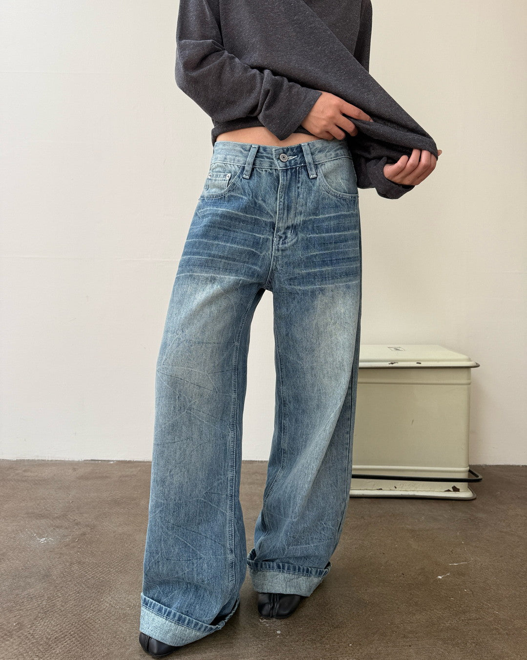 vintage washed wide denim pants 1color 【NINE7268】