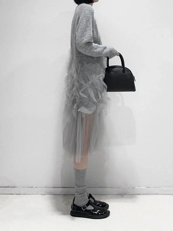 knit＆tulle see-through frill one-piece【NINE8393】