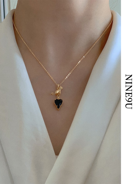 heart cat stone necklace【NINE6698】