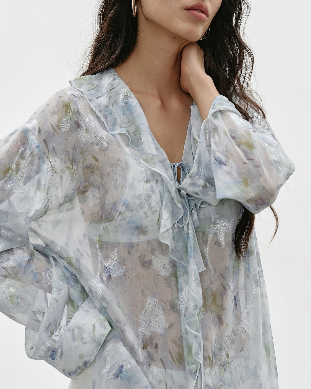 v-neck ruffled floral sheer blouse【NINE0336】