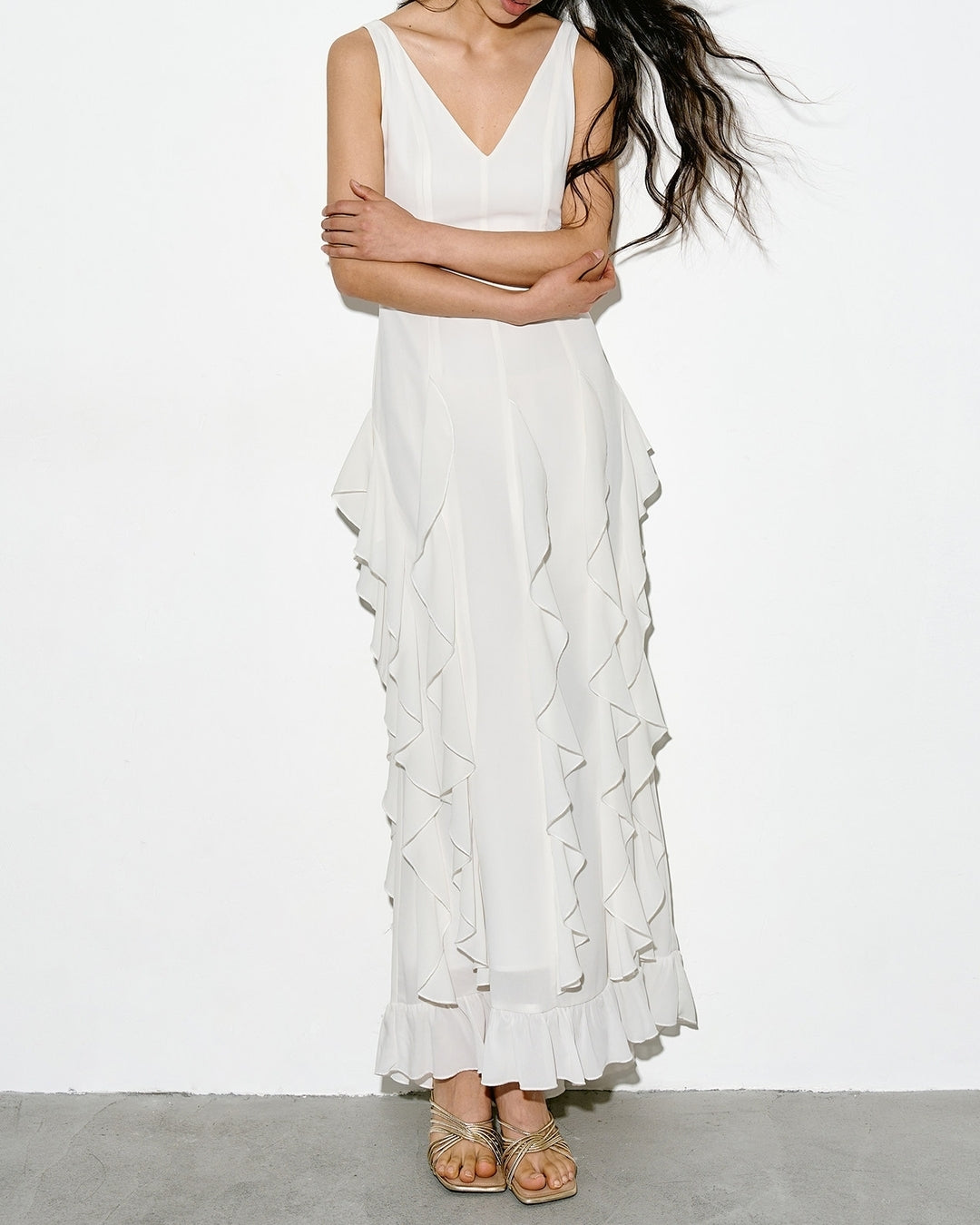 v-neck frilled long one-piece【NINE0343】