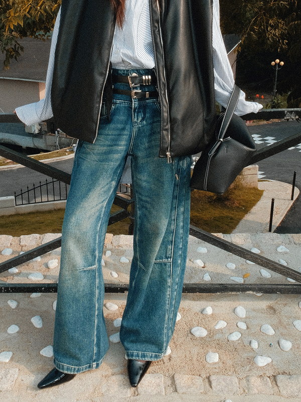 double-belt-loop denim loose pants【NINE8820】