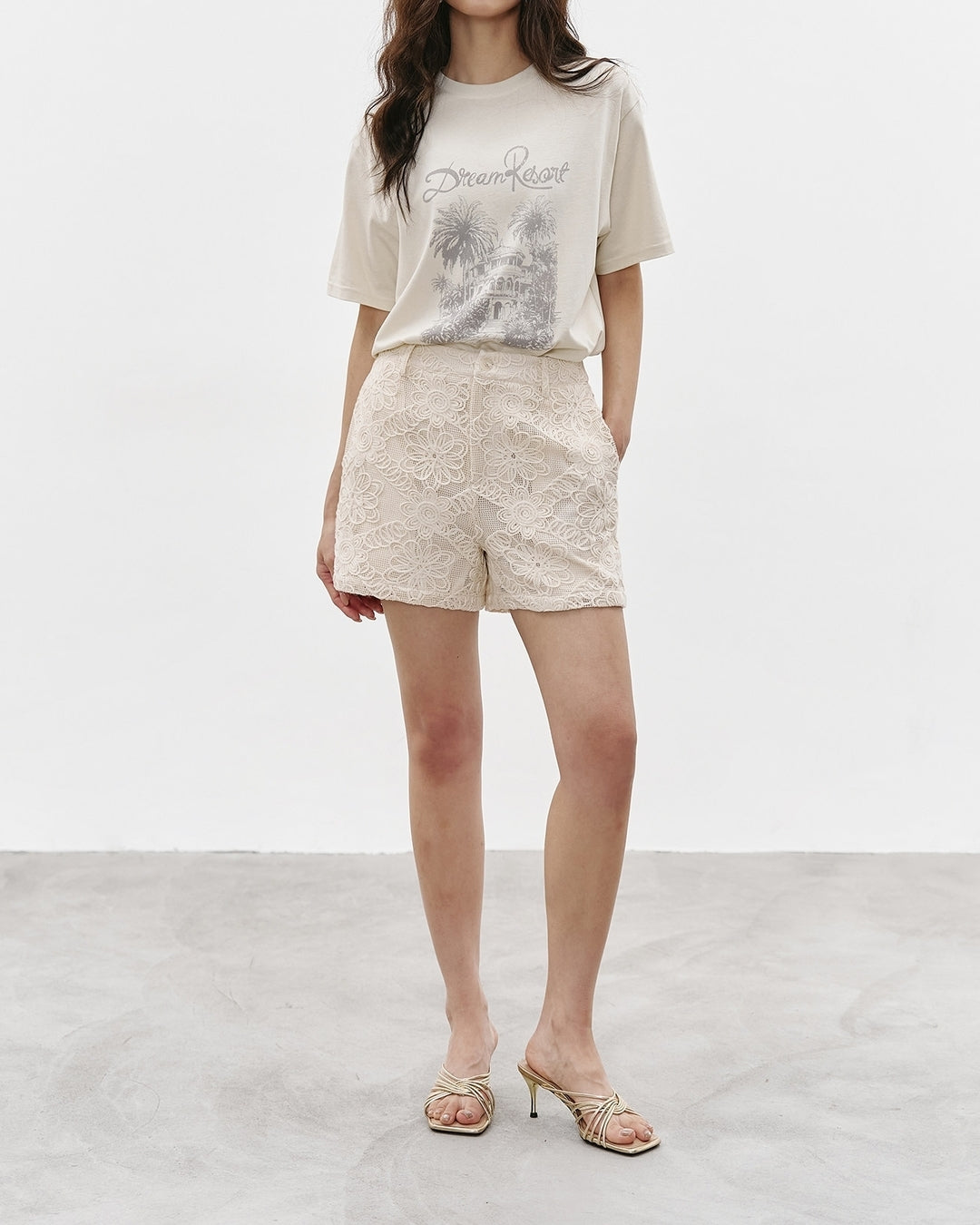 floral-print embroidered shorts【NINE0357】