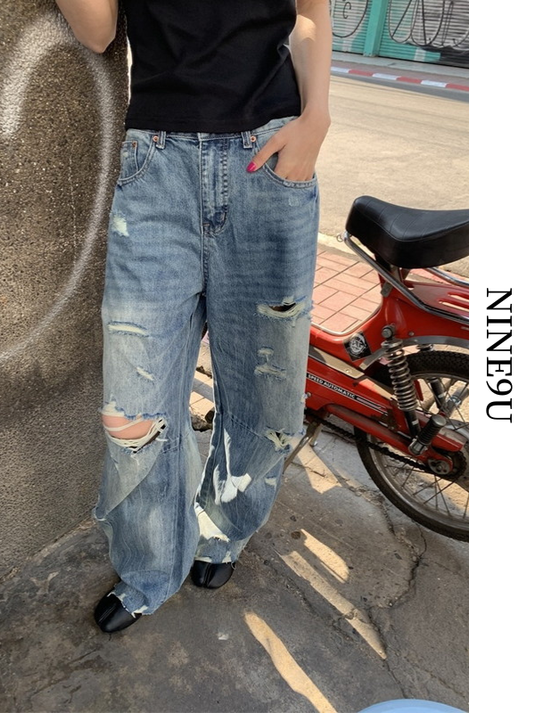 denim damage washed pants【NINE9389】
