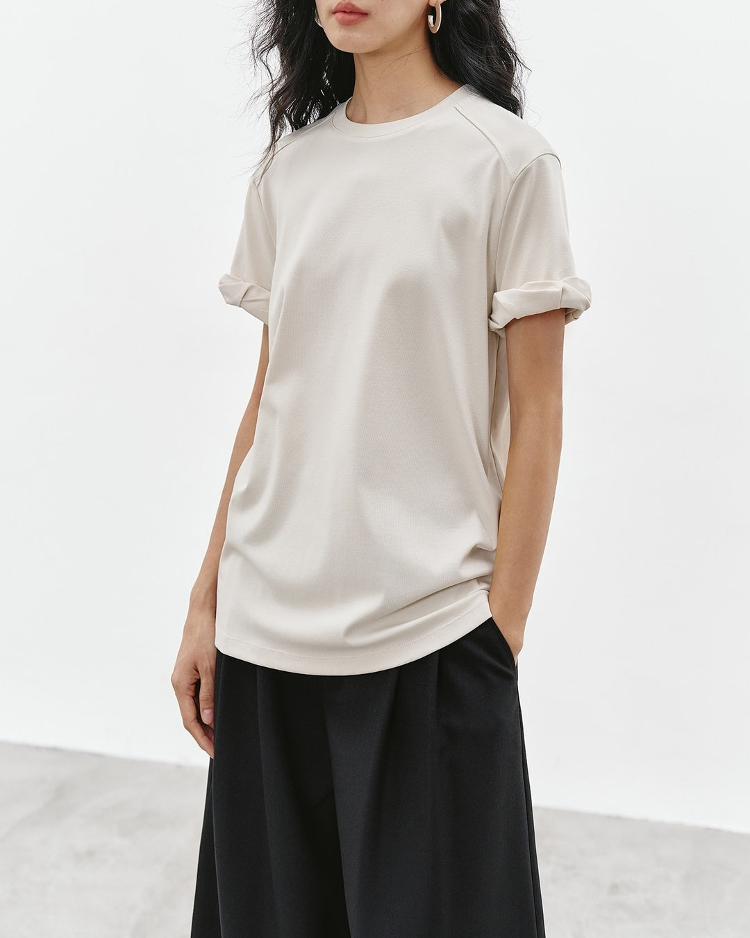 basic t-shirt with roll-up sleeves 2color【NINE0305】