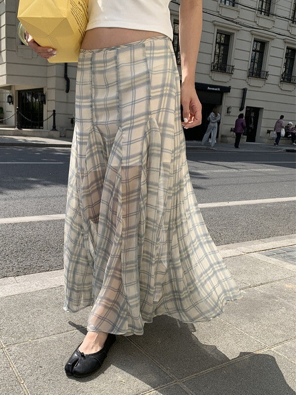 checked sheer fish-tail long-skirt【NINE9380】