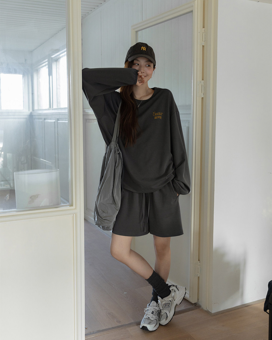 embroidered sweatshirt short pants setup 3color 【NINE7282】