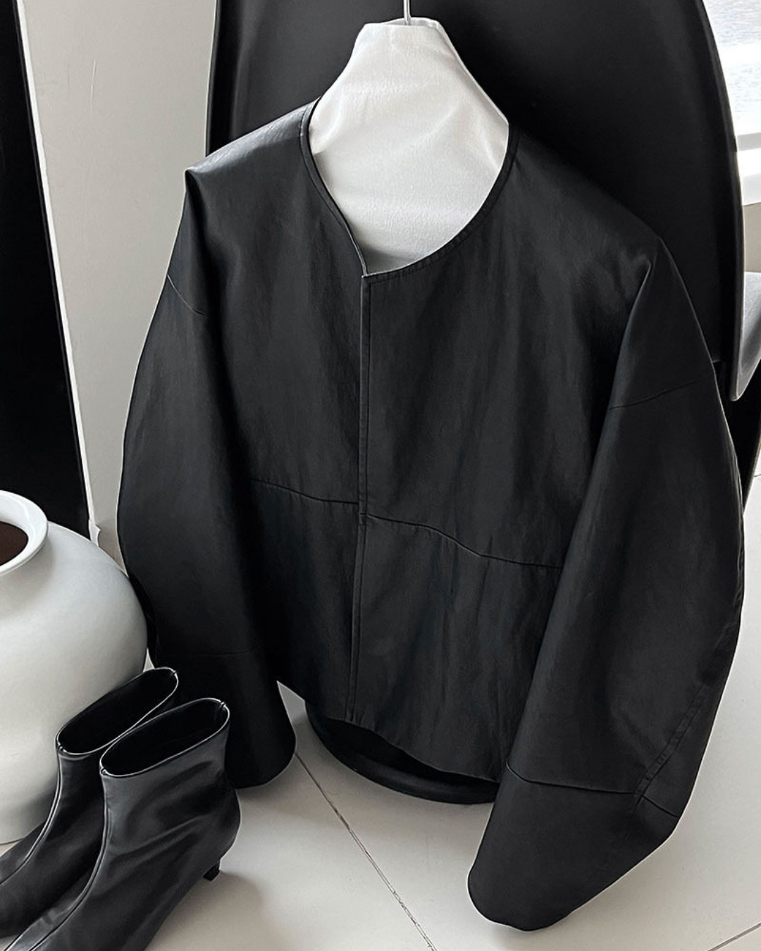 collarless faux leather relaxed jacket 1color 【NINE7327】