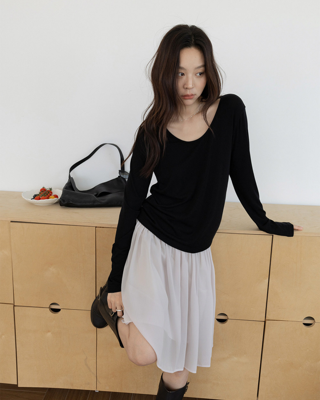 draped waist chiffon flare skirt 3color 【NINE7300】