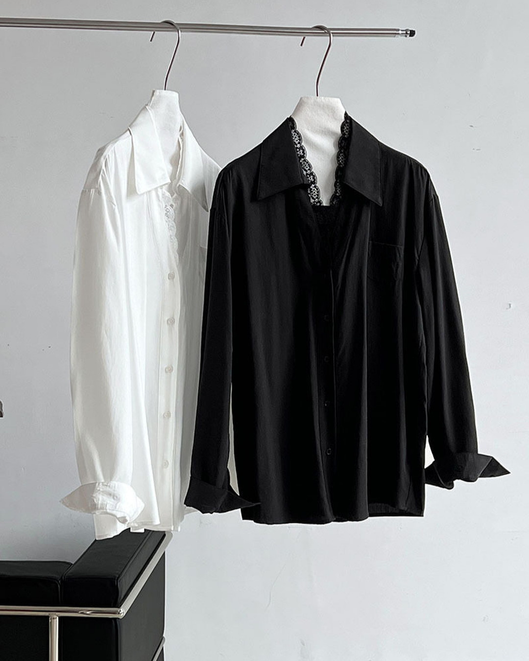 lace trim loose fit long sleeve shirt 2color 【NINE7311】