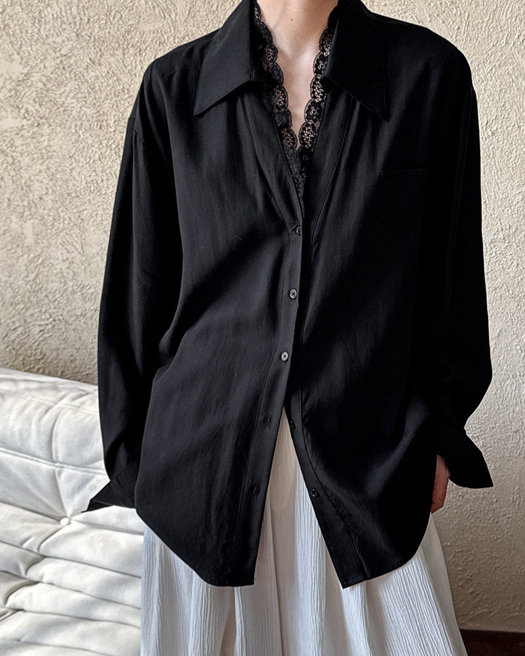 lace trim loose fit long sleeve shirt 2color 【NINE7311】