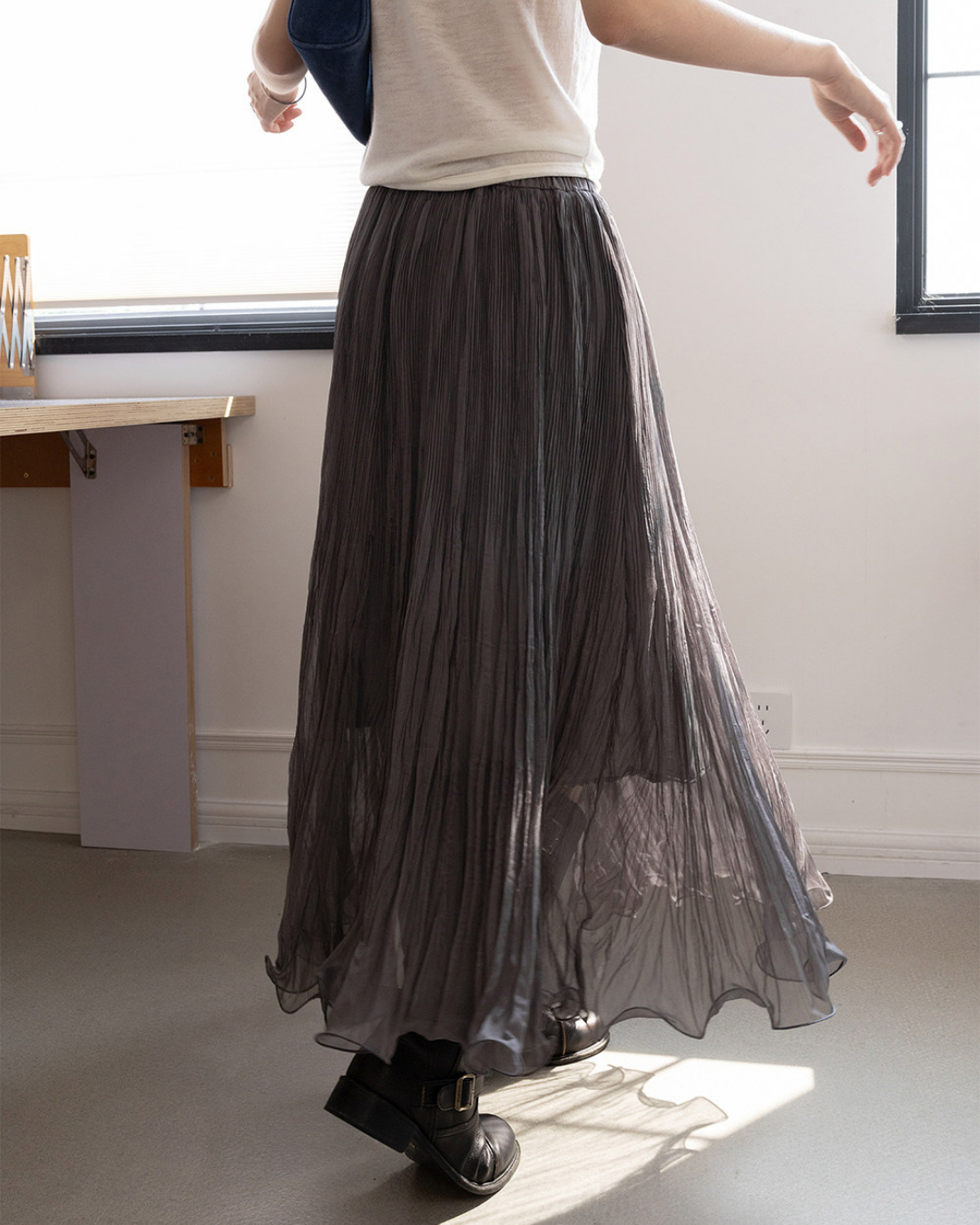 crinkled chiffon pleated long skirt 2color 【NINE7299】