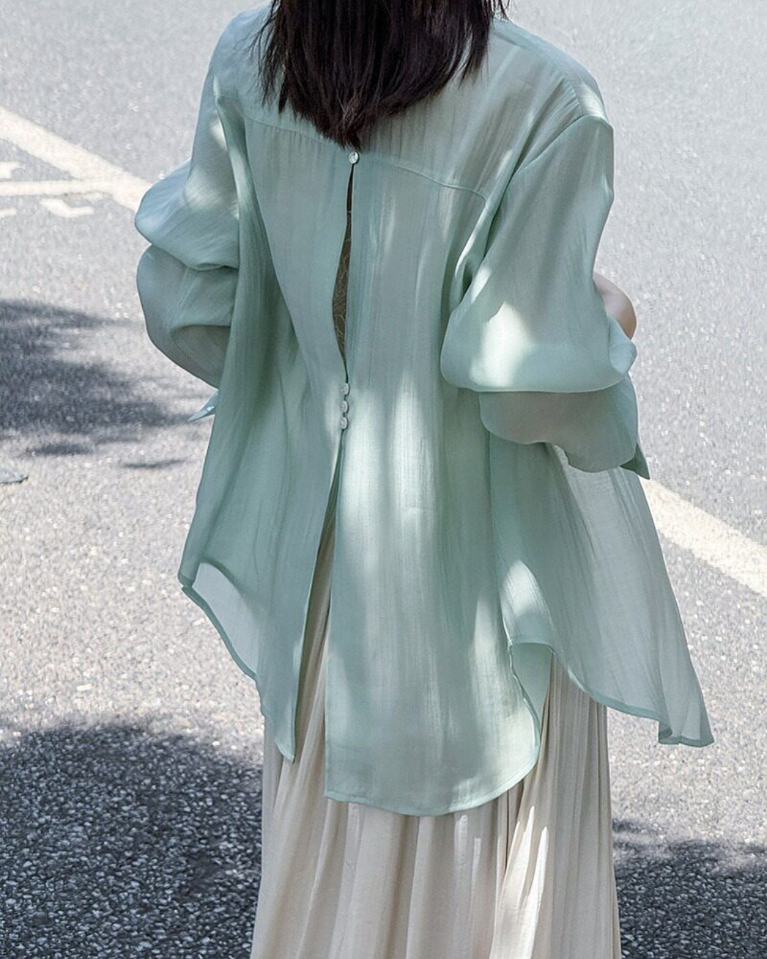 back button split sheer long sleeve shirt 5color 【NINE7319】