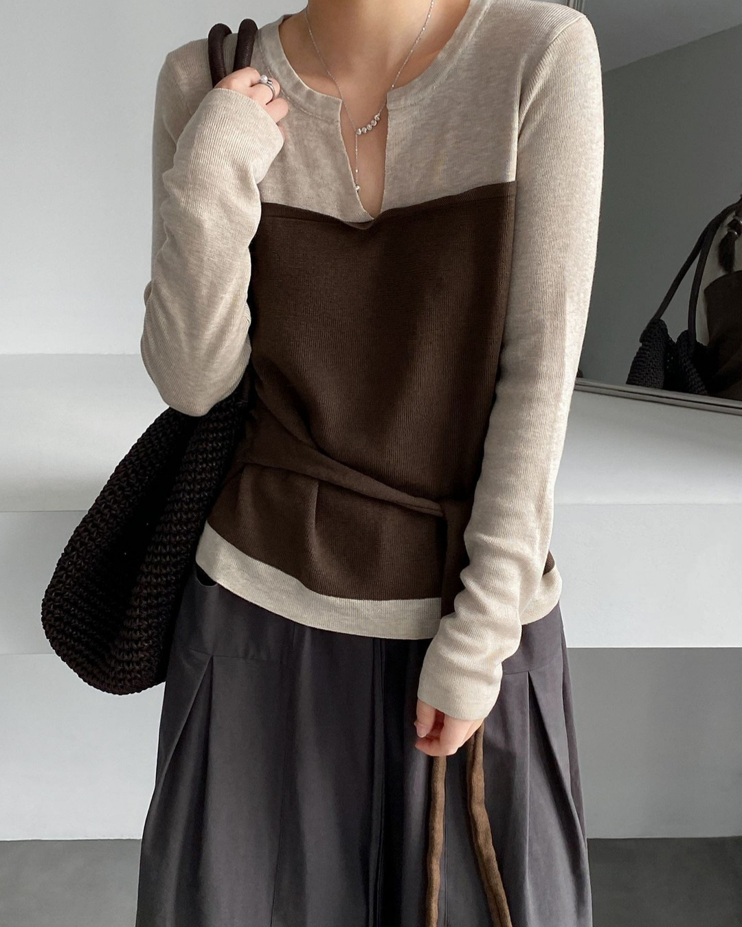 color block belt long sleeve knit 3color 【NINE7314】