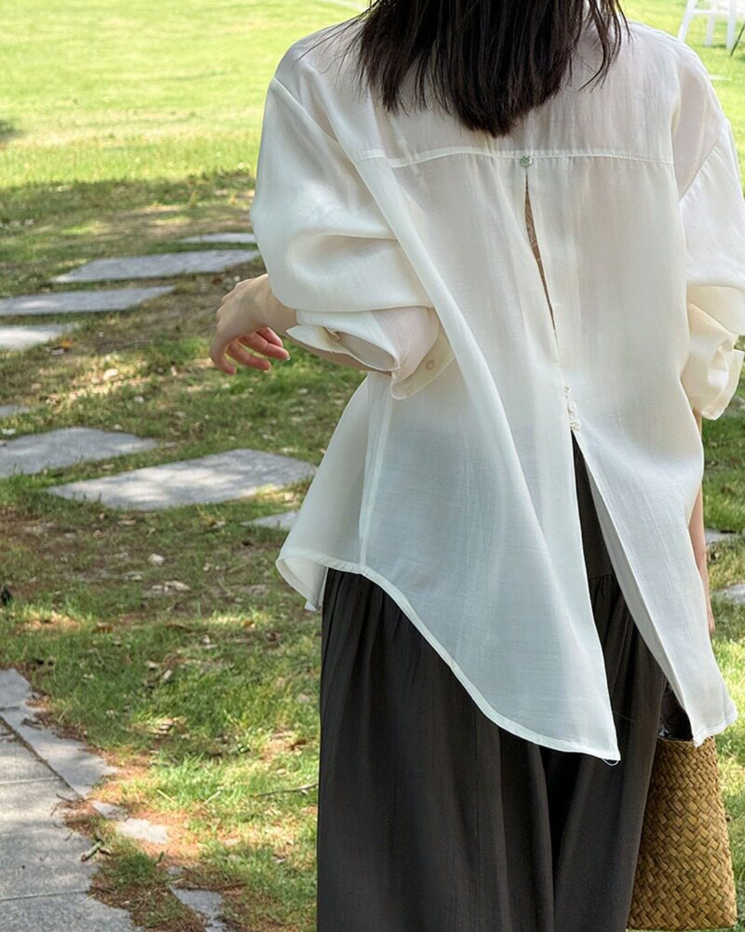 back button split sheer long sleeve shirt 5color 【NINE7319】