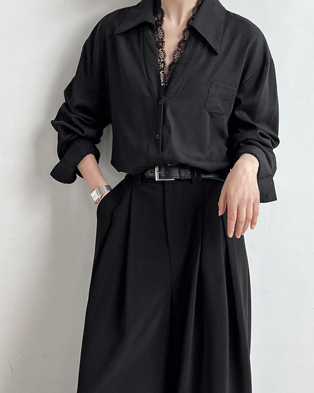 lace trim loose fit long sleeve shirt 2color 【NINE7311】