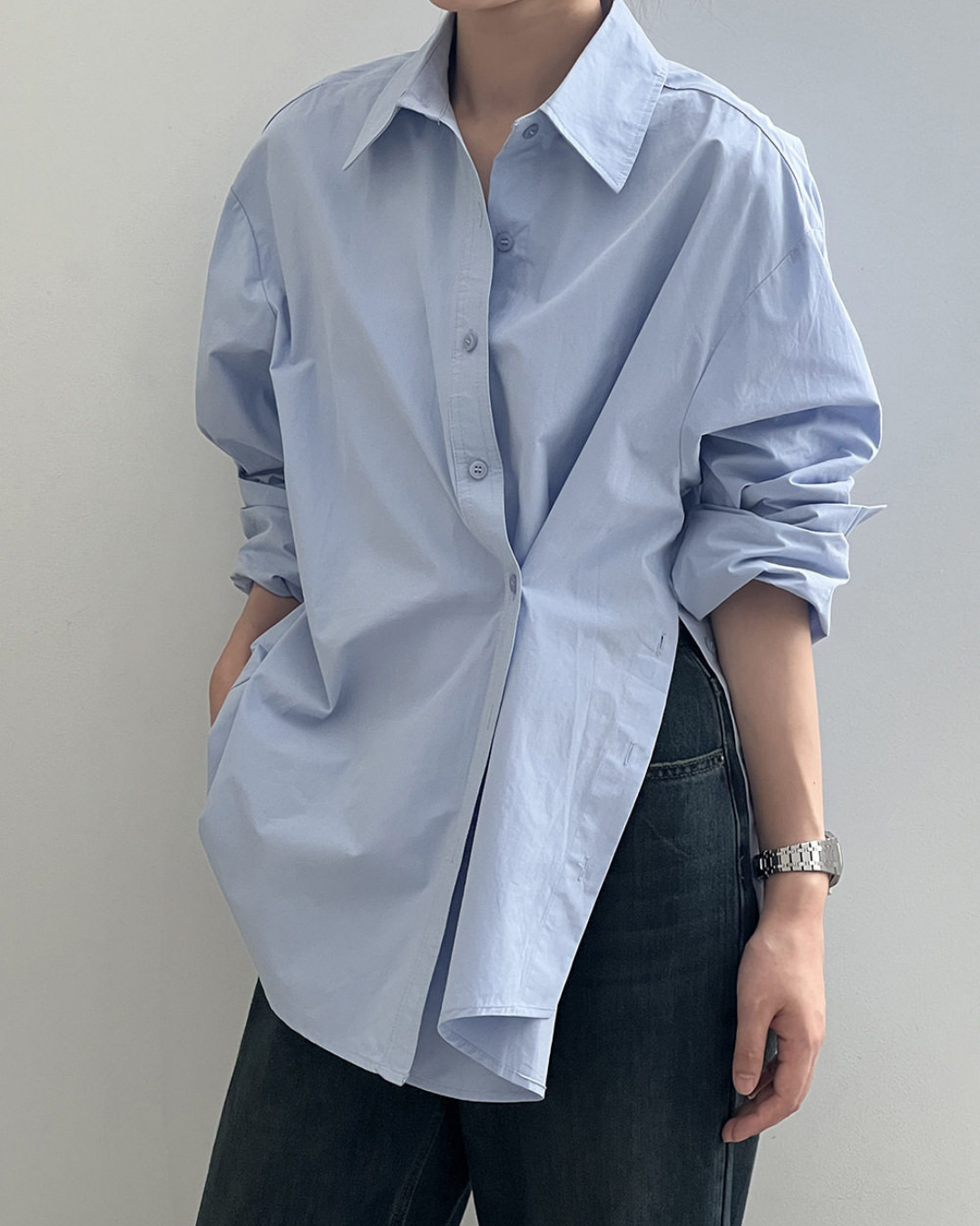 asymmetric placket loose fit long sleeve shirt 2color 【NINE7317】