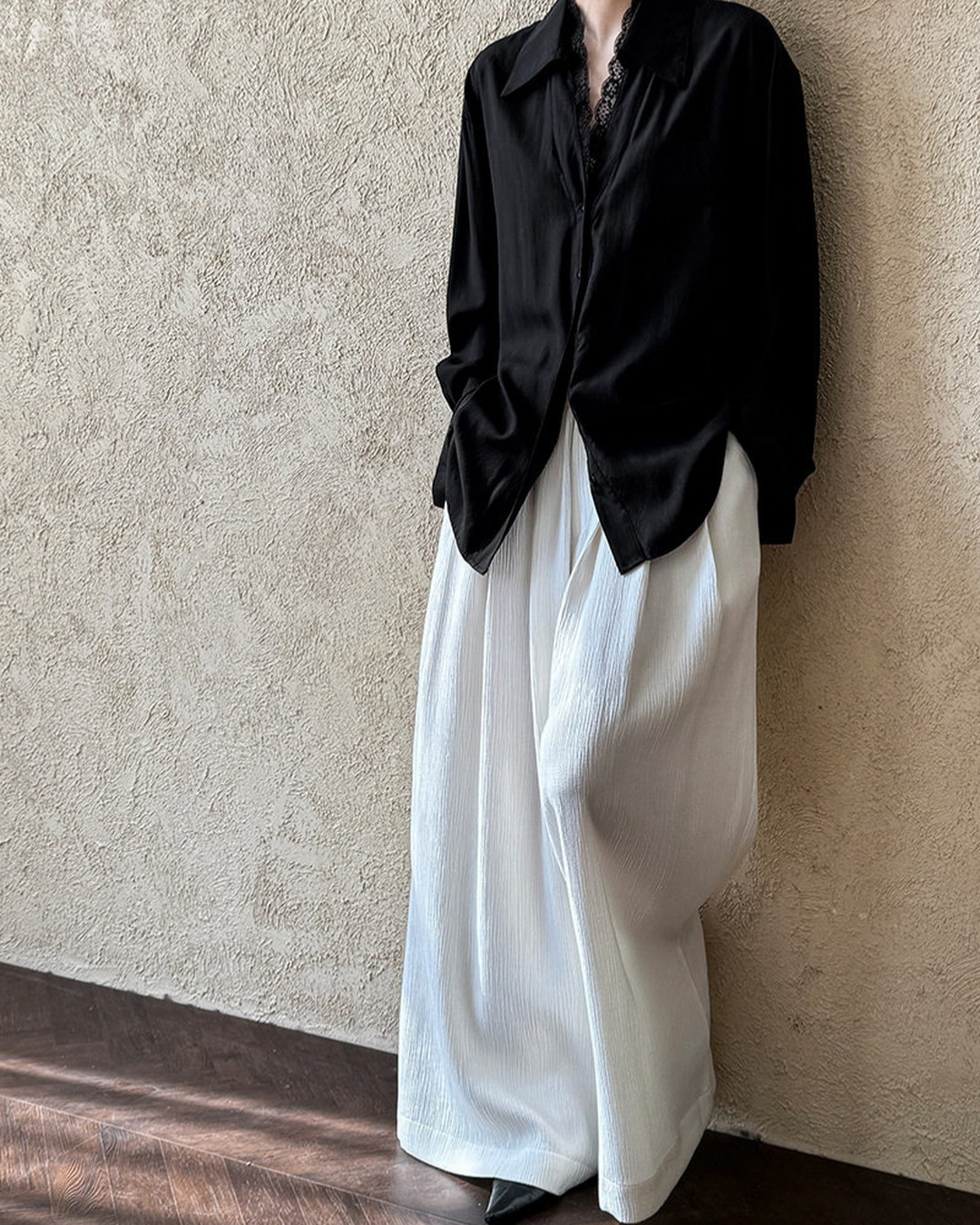 lace trim loose fit long sleeve shirt 2color 【NINE7311】