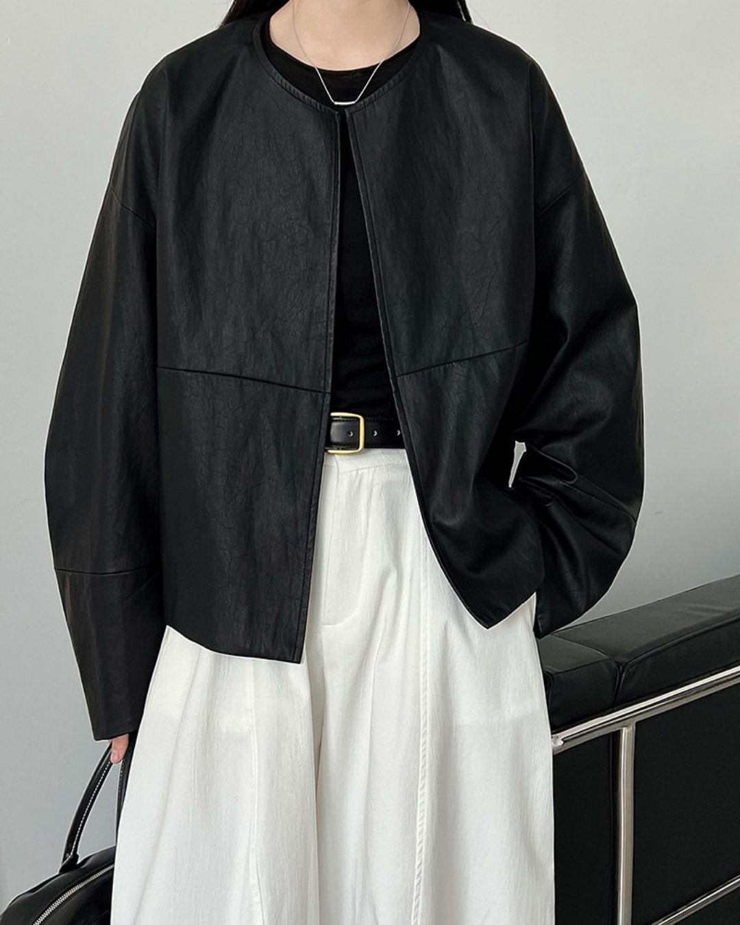 collarless faux leather relaxed jacket 1color 【NINE7327】