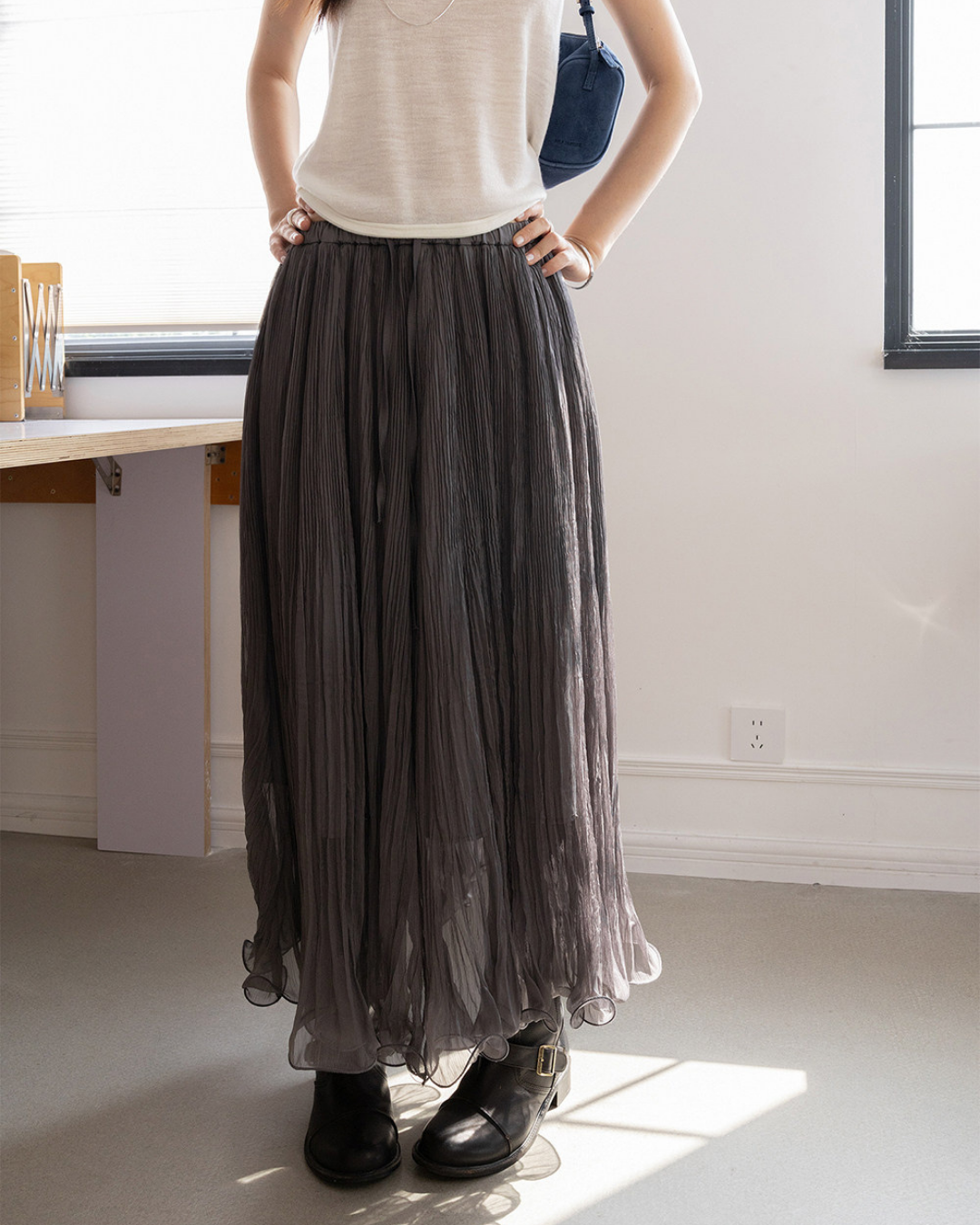 crinkled chiffon pleated long skirt 2color 【NINE7299】