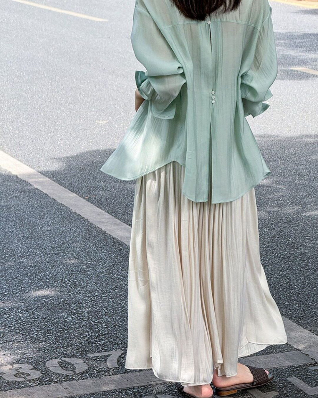 back button split sheer long sleeve shirt 5color 【NINE7319】