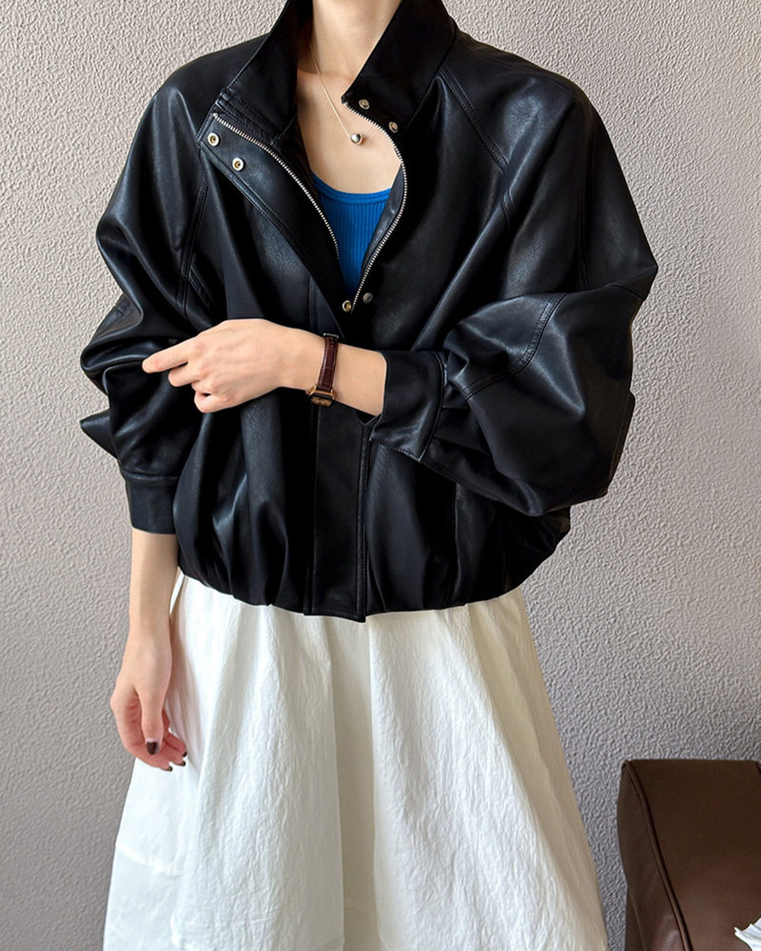 oversized faux leather bomber jacket 1color 【NINE7316】