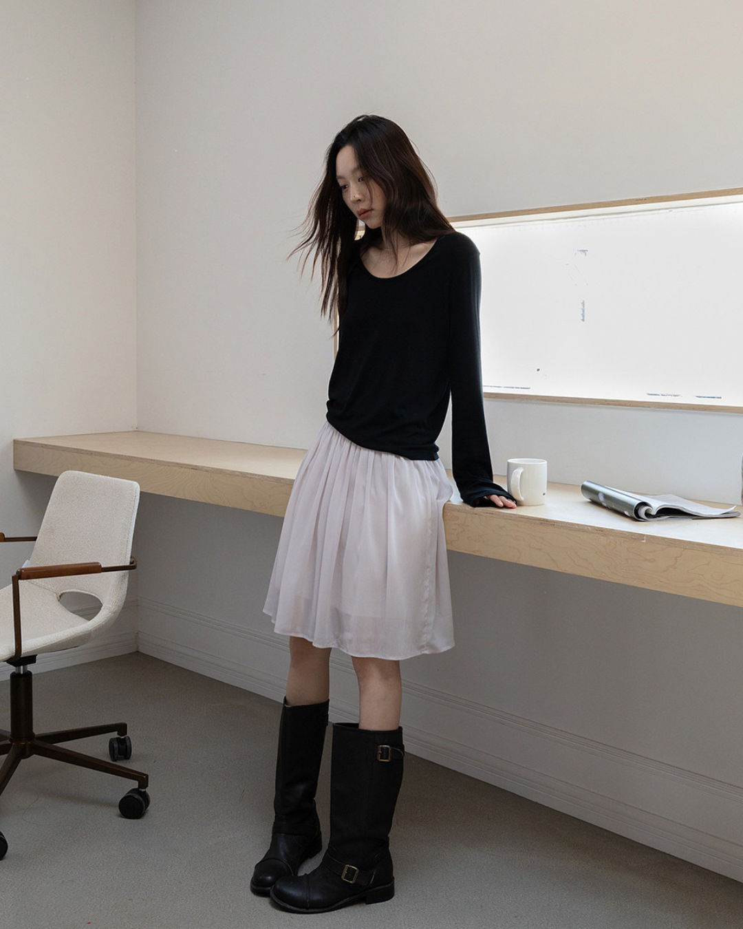 draped waist chiffon flare skirt 3color 【NINE7300】