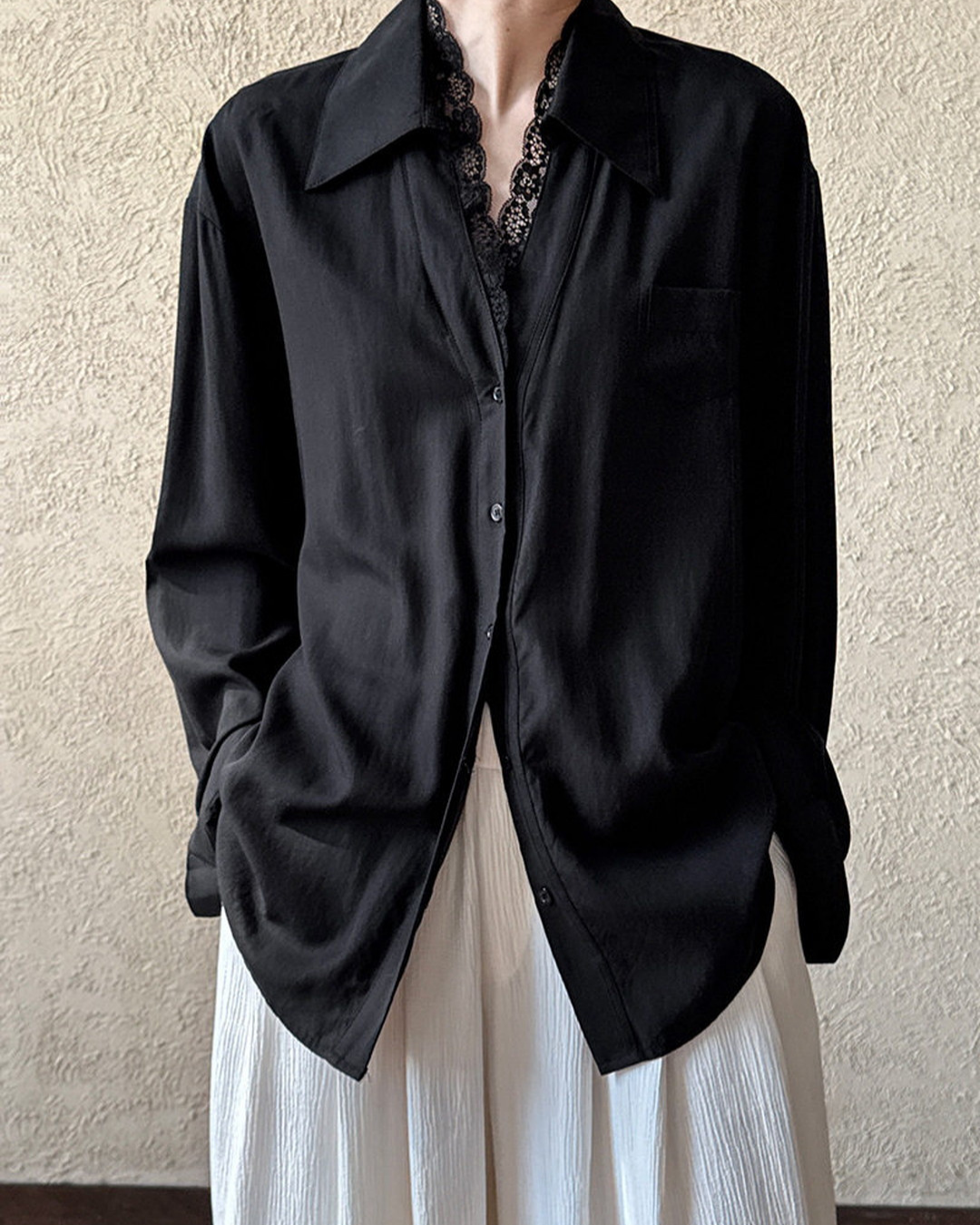 lace trim loose fit long sleeve shirt 2color 【NINE7311】