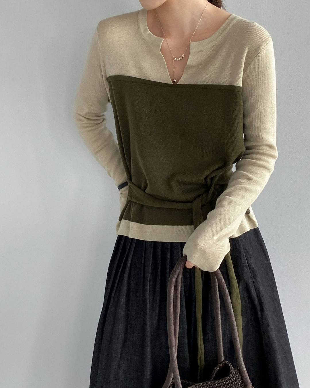 color block belt long sleeve knit 3color 【NINE7314】