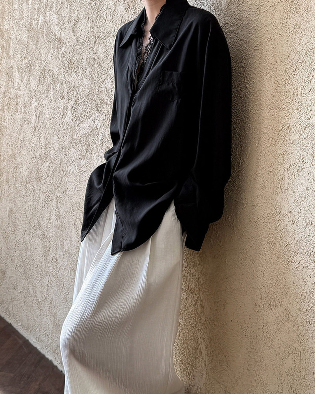 lace trim loose fit long sleeve shirt 2color 【NINE7311】