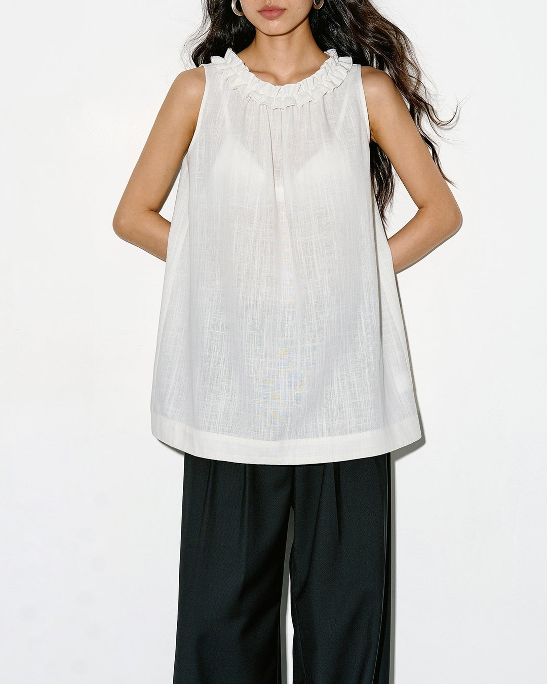 frill-collar sleeveless blouse【NINE0337】