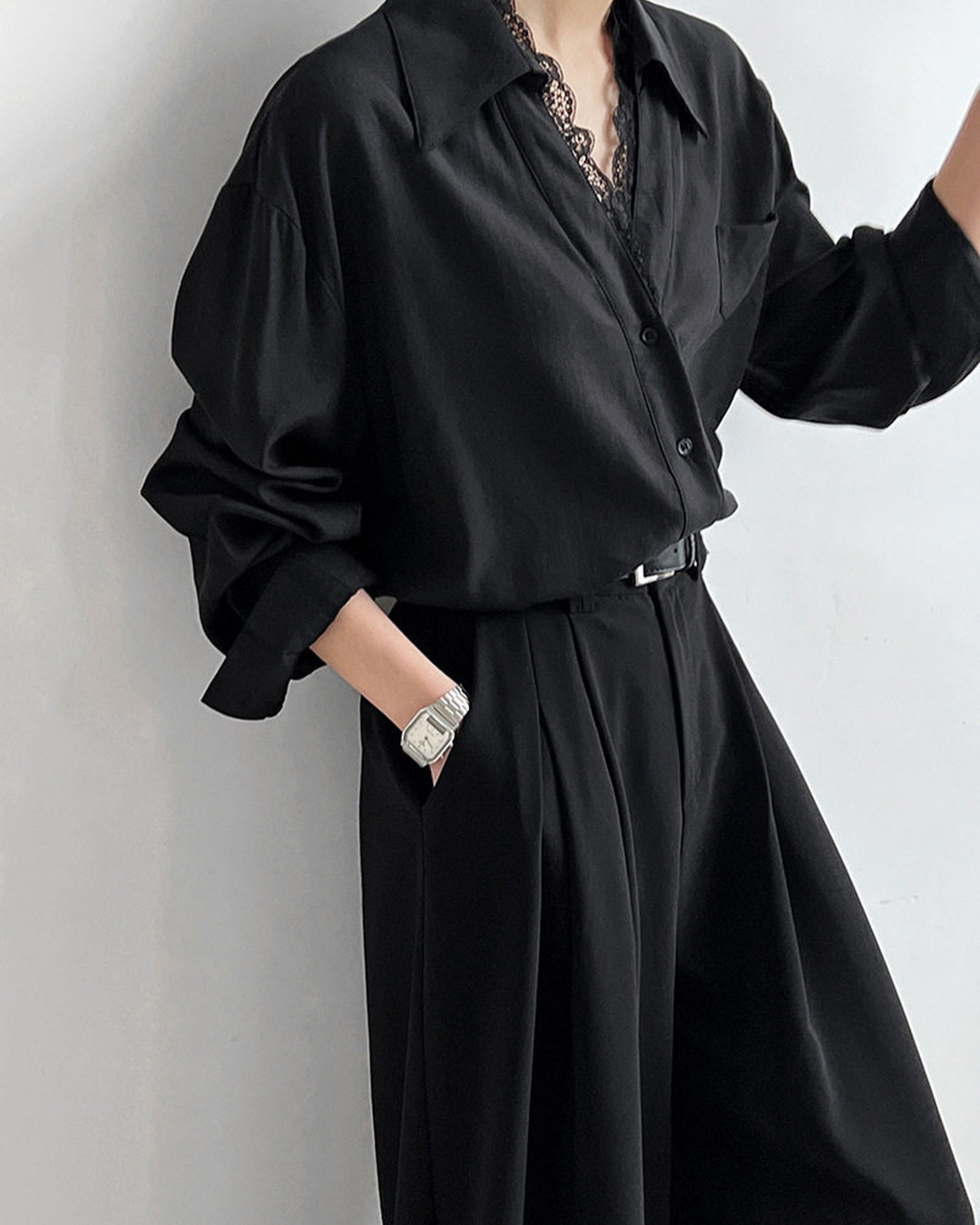 lace trim loose fit long sleeve shirt 2color 【NINE7311】