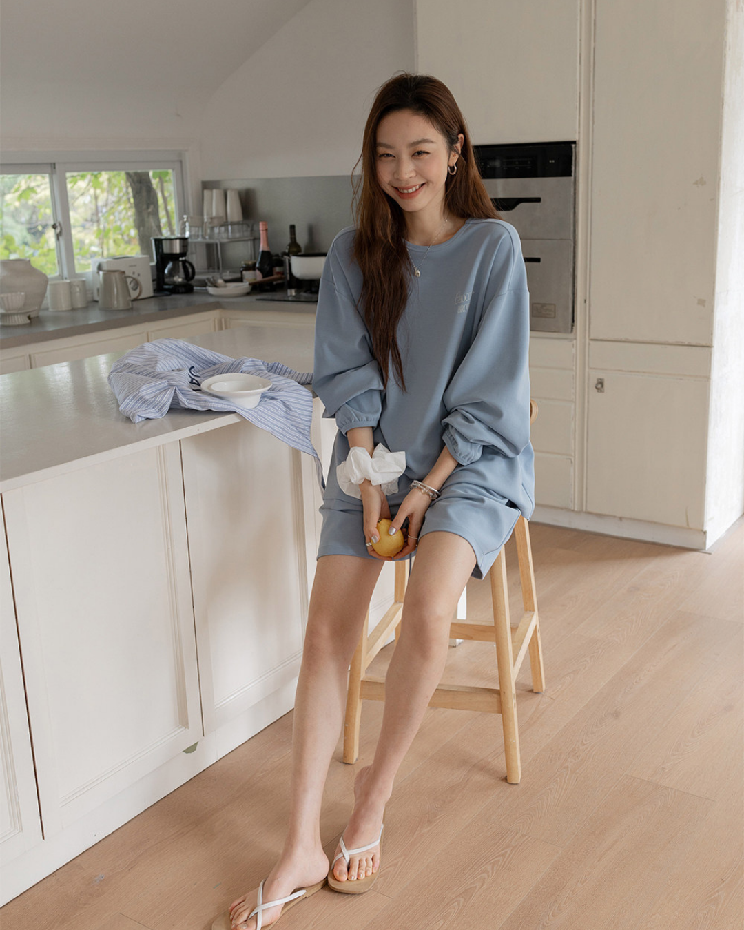 embroidered sweatshirt short pants setup 3color 【NINE7282】