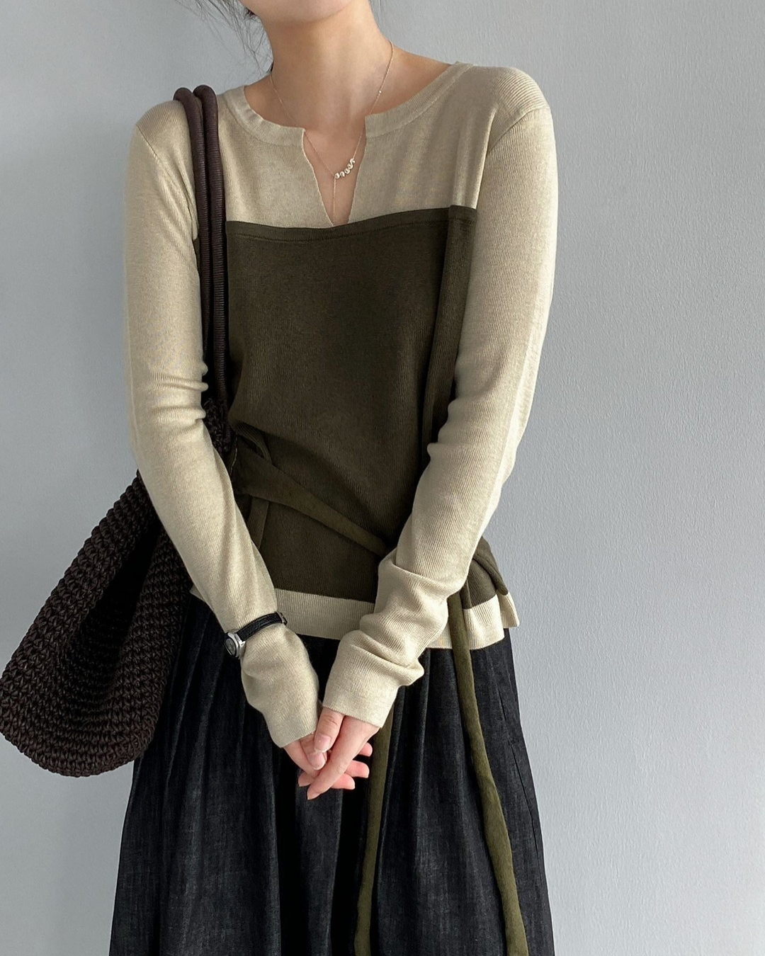 color block belt long sleeve knit 3color 【NINE7314】