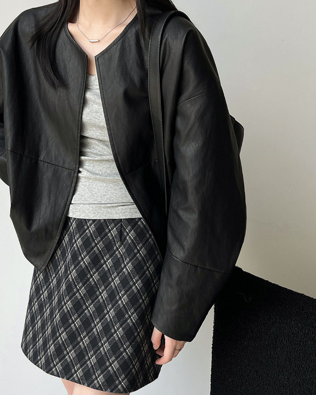 collarless faux leather relaxed jacket 1color 【NINE7327】