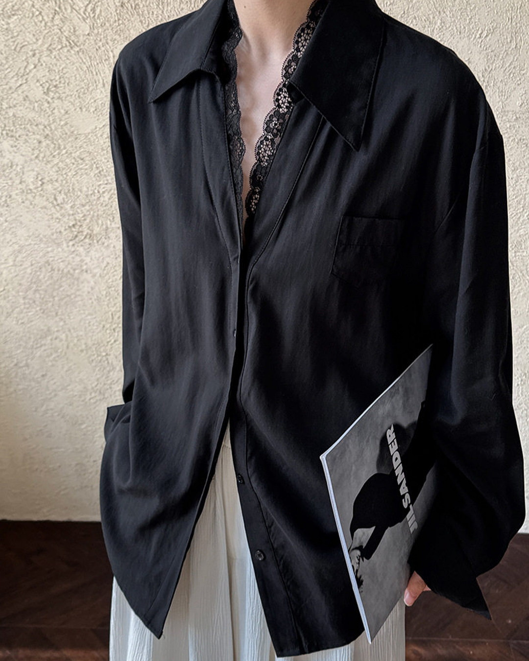 lace trim loose fit long sleeve shirt 2color 【NINE7311】