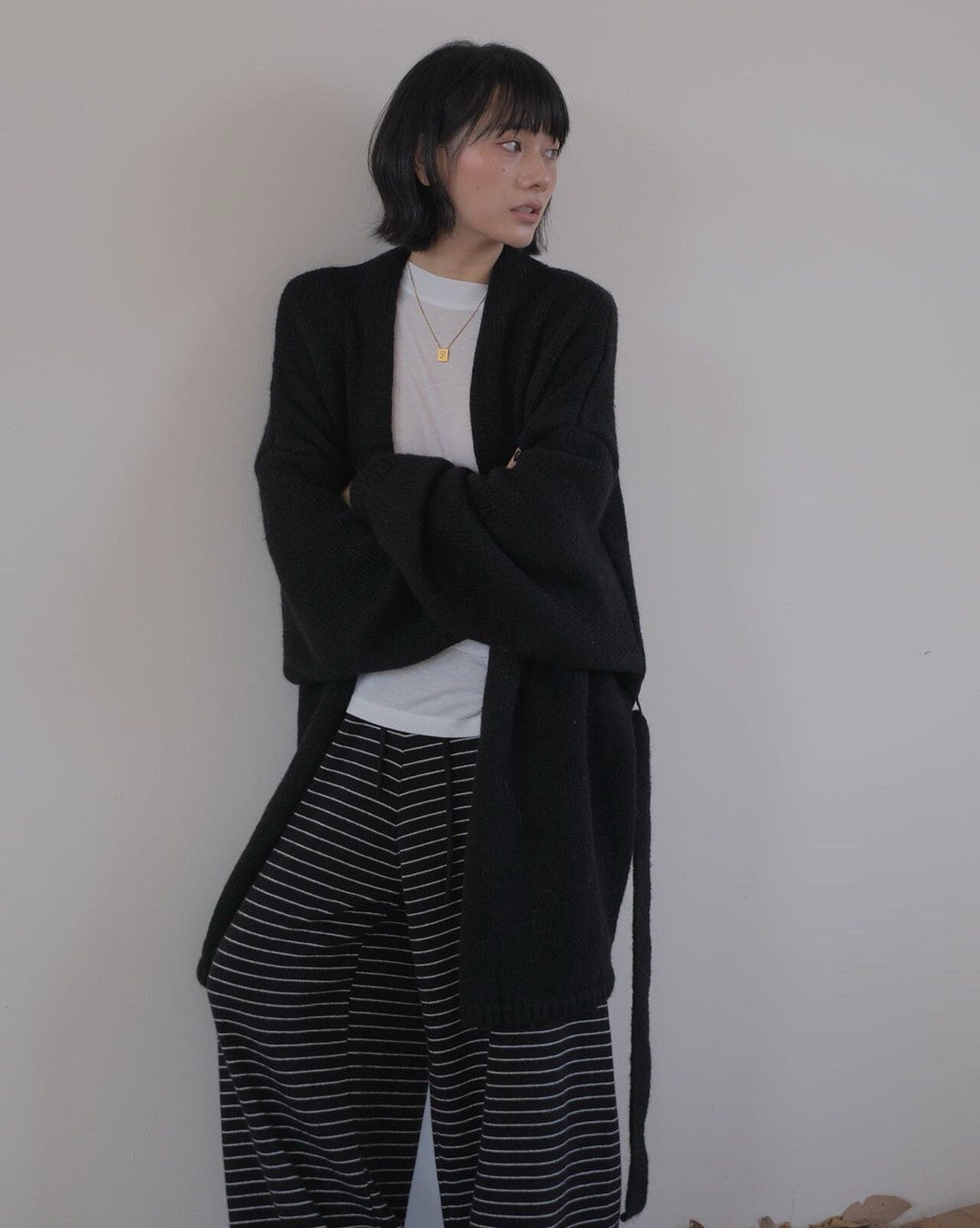 belted open front knit cardigan 2color 【NINE7272】