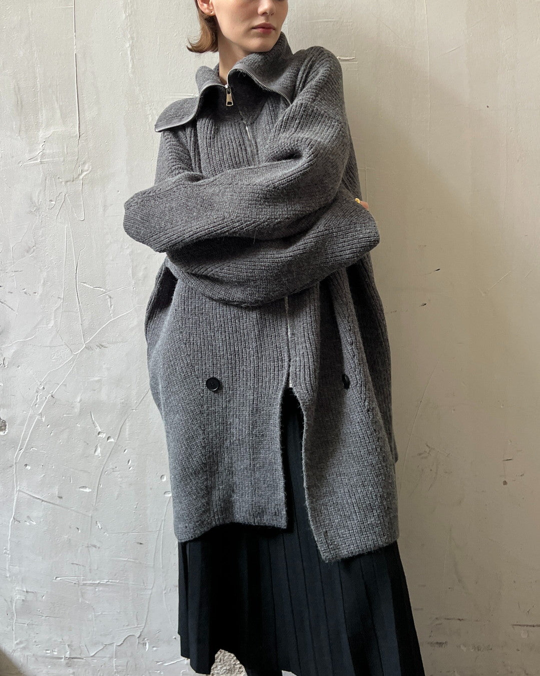 zip up neck knit cardigan jacket 2color 【NINE7271】