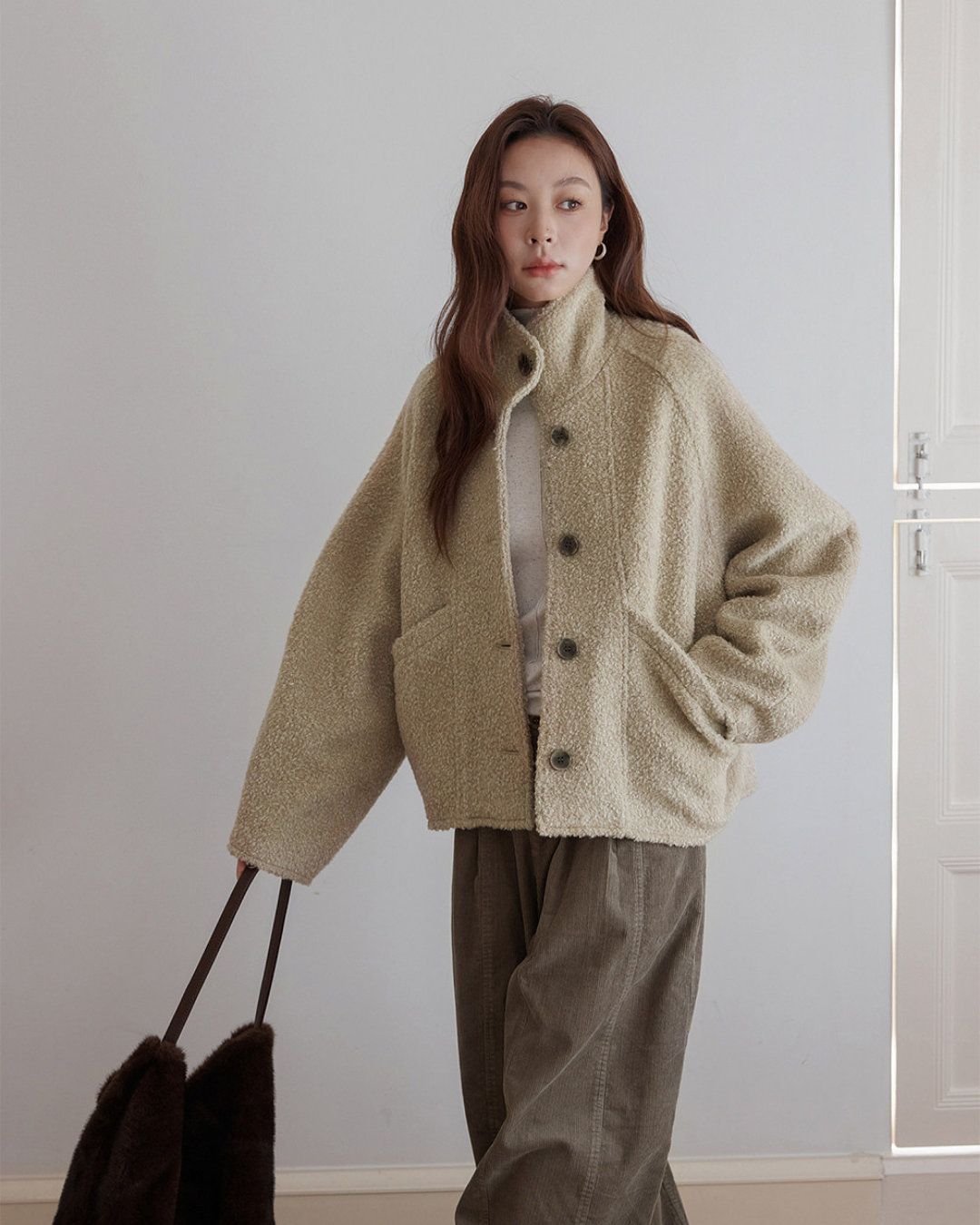 fuzzy stand collar fleece jacket 2color 【NINE7296】