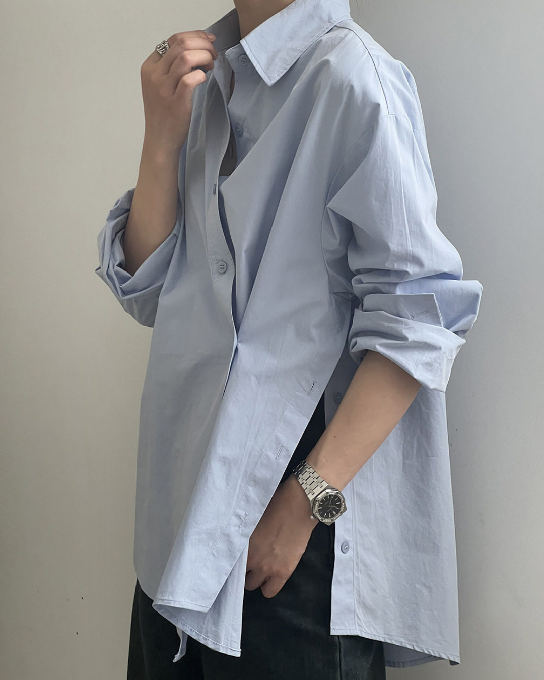 asymmetric placket loose fit long sleeve shirt 2color 【NINE7317】
