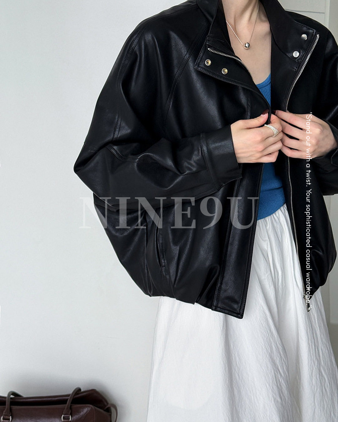 oversized faux leather bomber jacket 1color 【NINE7316】