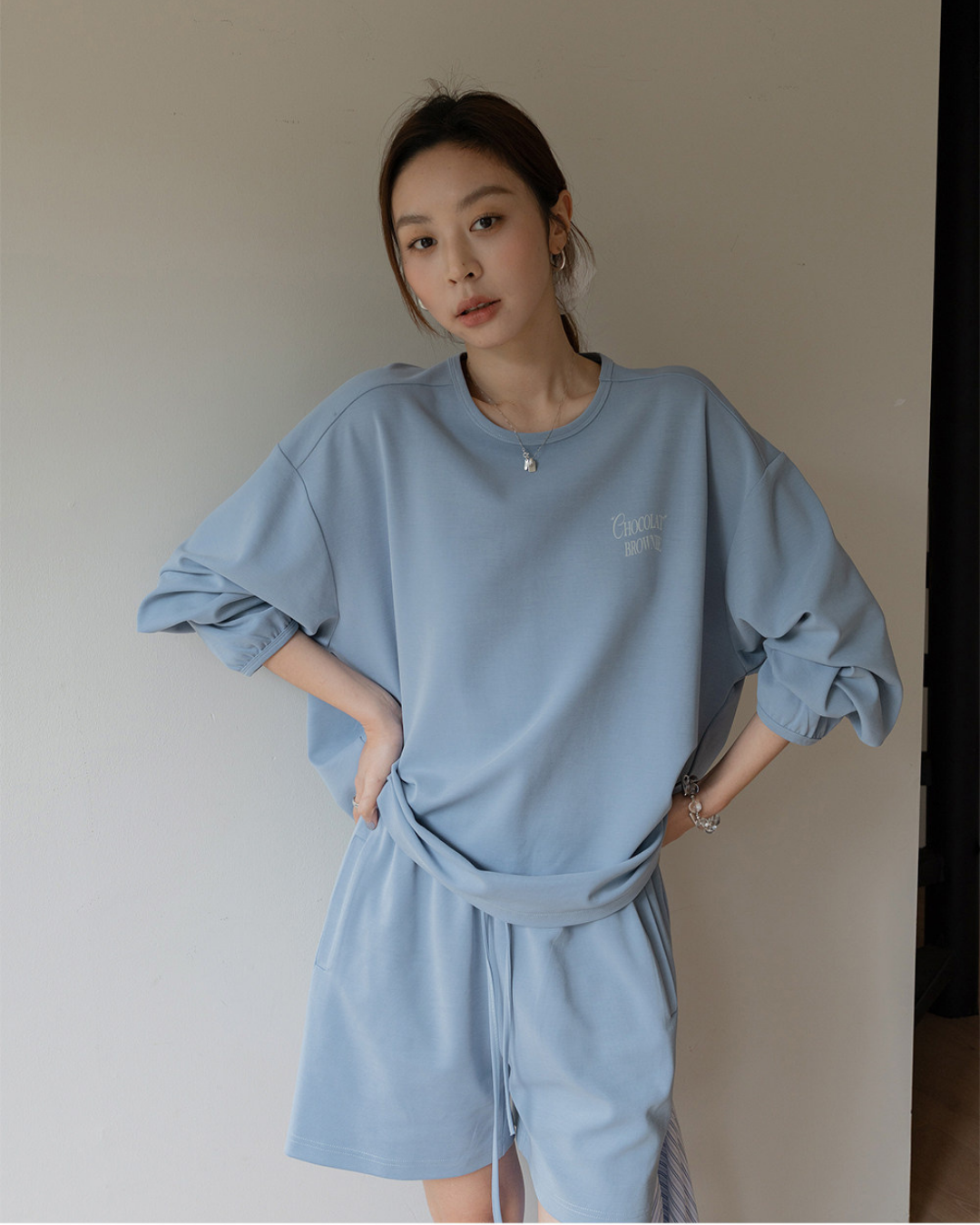 embroidered sweatshirt short pants setup 3color 【NINE7282】