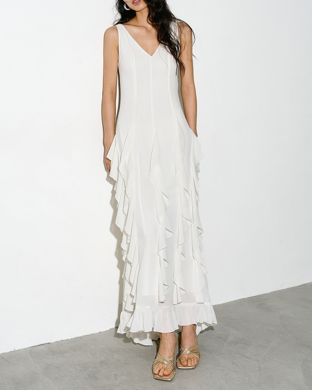 v-neck frilled long one-piece【NINE0343】