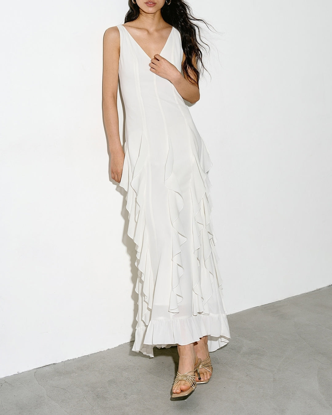 v-neck frilled long one-piece【NINE0343】